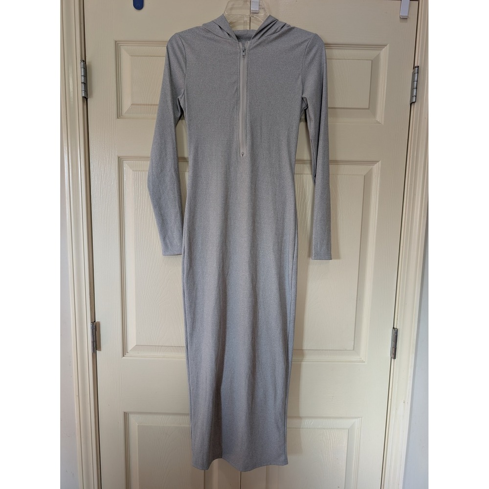 Blush Mark Minimalist Ribbed Hooded Zip Front Midi Maxi Bodycon Dress 50" Gray S